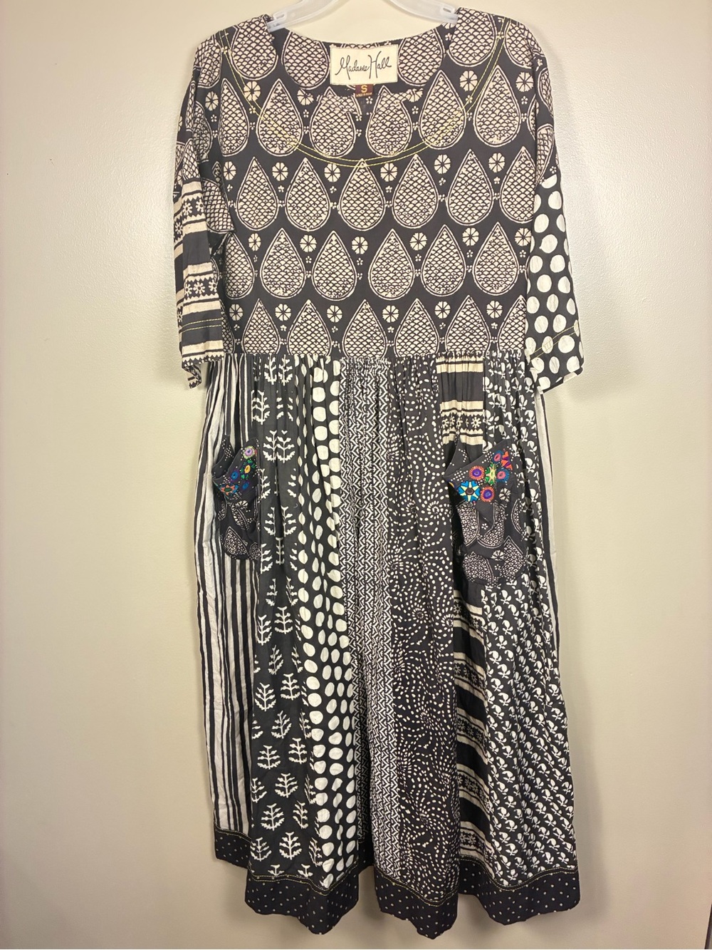 Madame Hall Printed Embellished Natural Made in India Midi Dress